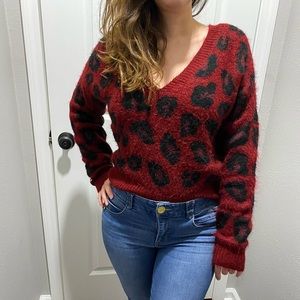 PINK Victoria’s Secret - Red and Black Leopard Print Sweater - Small